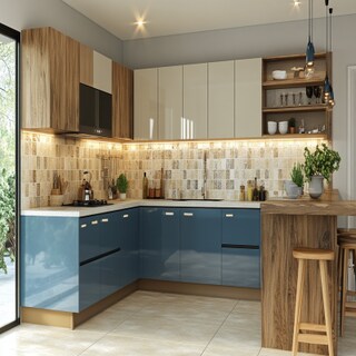 Modern L-Shaped Kitchen Design in Denim and Wood Finish